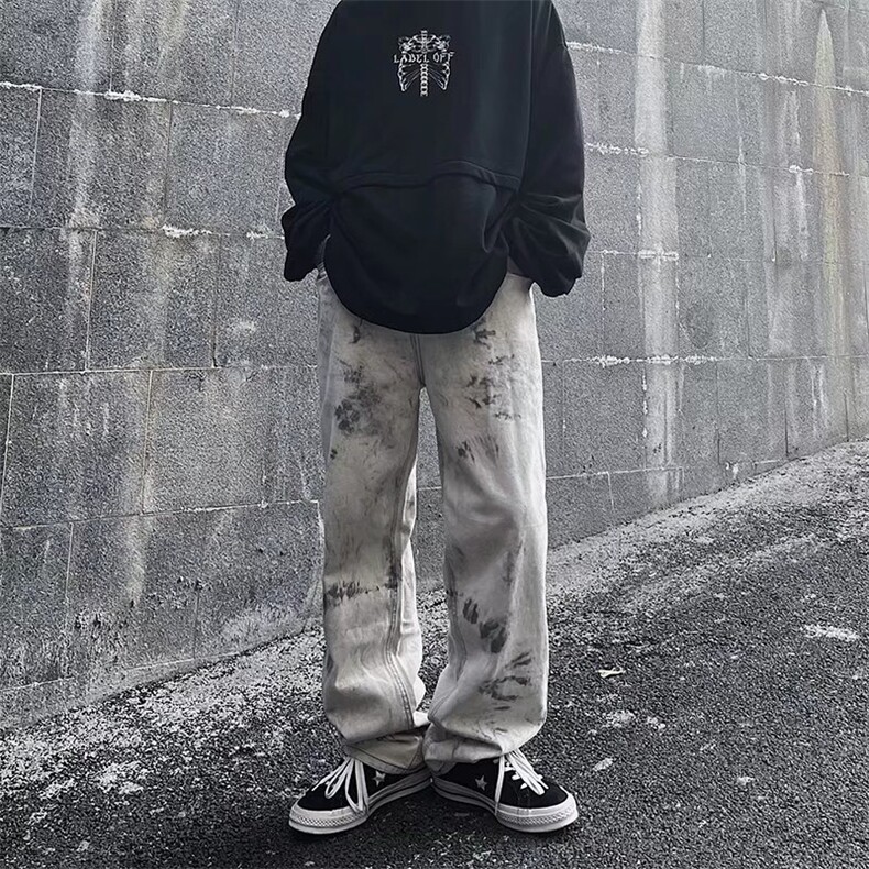 夏季高街渲染扎染宽松休闲直筒牛仔裤个性情侣潮ins K1437-P50图片