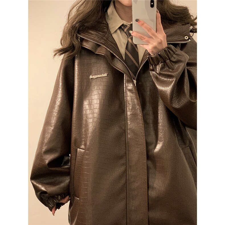 中性连帽鳄鱼纹PU皮衣大码M-5XL情侣休闲冲锋衣夹克男JK8744P90控，男装皮衣，星座227-7