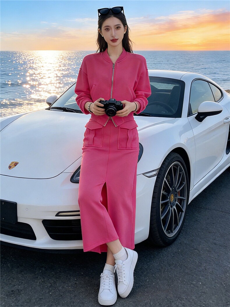 港风时尚休闲套装裙女春季新款玫红色开衫卫衣开叉半身裙两件套潮,女装套装/套裙,江南