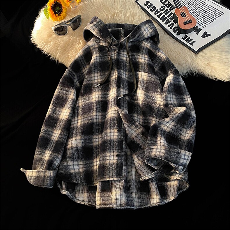 2025新款连帽衬衫格子外套潮流百搭长袖上衣A086-SY6292-P50，男装夹克，电商基地A086