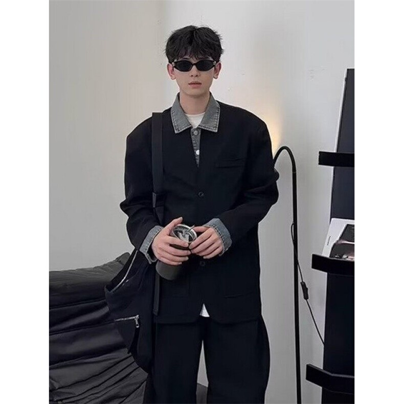 假两件牛仔西装外套男春潮牌拼接西服立领夹克高街休闲JK288,男装夹克,星座1116A（原606A-3）