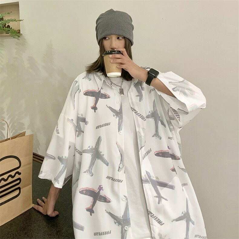 夏季潮流小飞机满印ins衬衫新款冰丝情侣装A071-C35-P38，男装衬衫，电商A071