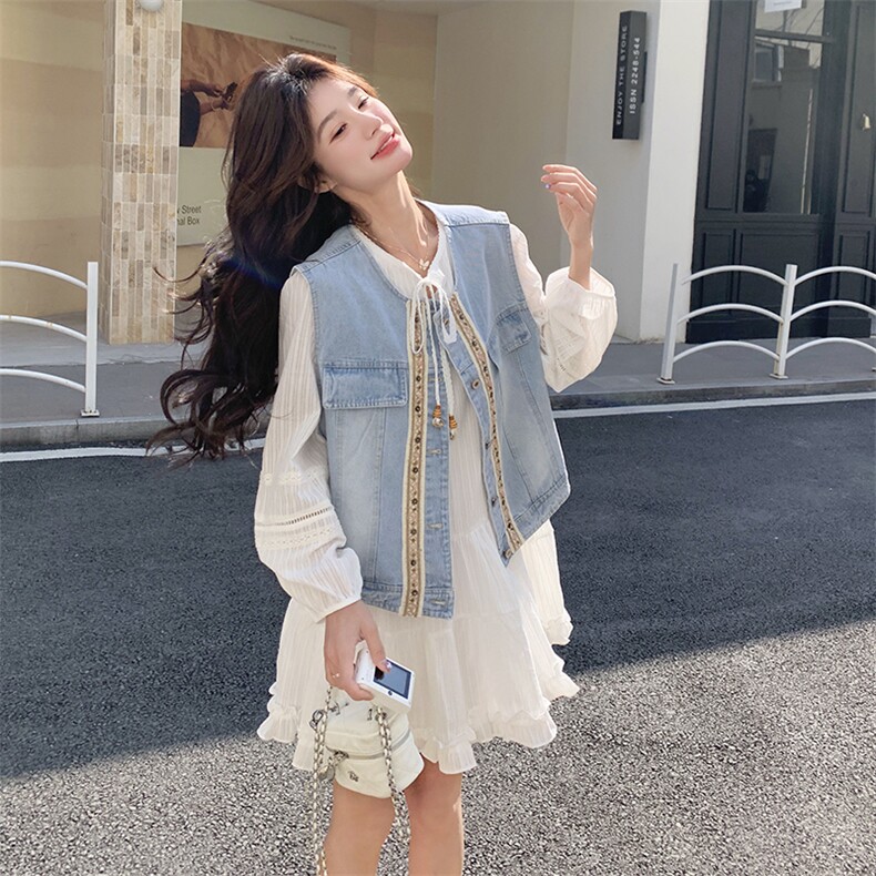 韩系小个子减龄连衣裙套装女2025春新款设计感显瘦牛仔马甲两件套,女装套装/套裙,2C269