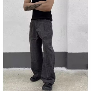 美式泡泡纱格纹休闲裤男女阔腿宽松情侣弯刀长裤子秋季K6669图片