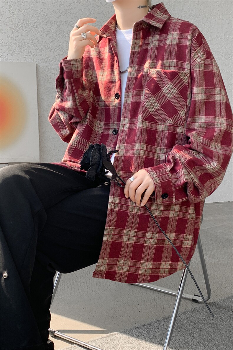 8XL-M格子衬衫男长袖秋季美式复古潮宽松衬衣外套CS516P55控78,男装衬衫,电商D206-1