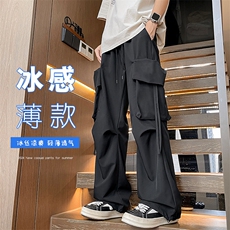 特批P32无差价夏季褶皱冰丝拖地工装裤男潮牌束脚阔腿长裤K1212B，男装休闲裤，电商A001