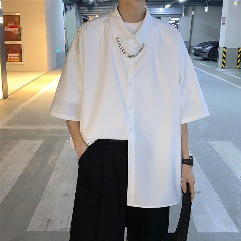 港风大码短袖纯色衬衫青年男生ins宽松情侣衫B299-X5275-P45限65,男装T恤,电商A061-1