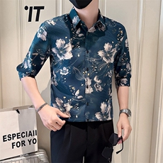 店主风社会小伙男士印花中袖衬衫男痞帅衬衣301A-1/CS581/P55，男装衬衫，星座301A-1