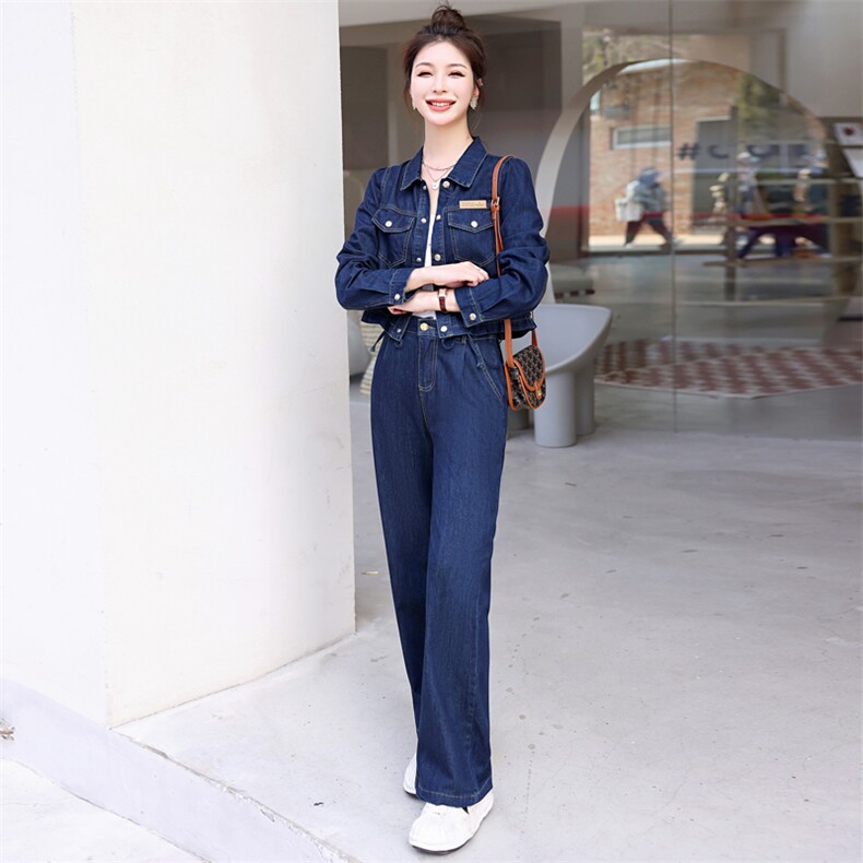 时髦减龄牛仔套装女2025春秋小个子时尚洋气显瘦外套阔腿裤两件套,女装套装/套裙,意芙