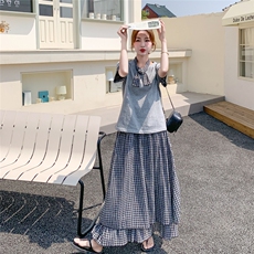 灰色气质减龄格纹拼接T恤半身裙套装两件套女夏学院风穿搭一整套，女装套装/套裙，2C135