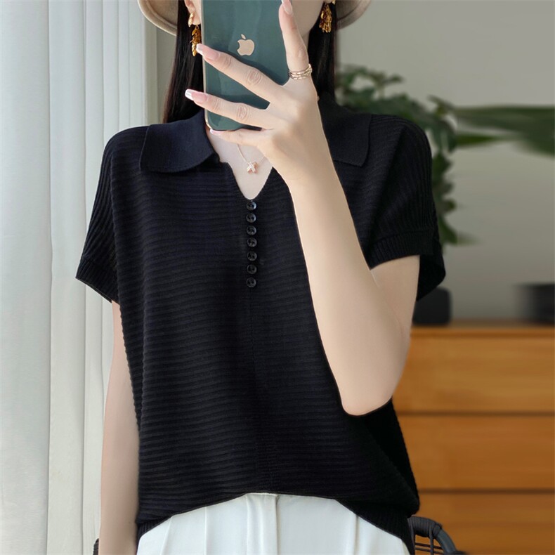 翻领冰丝针织短袖T恤女2025新款加肥大码女装夏季短款显瘦V领上衣图片