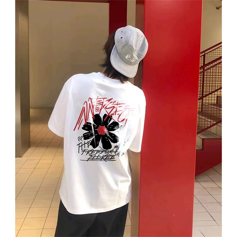 抖音得物210克现货宽松纯棉美式潮牌印花落肩袖纯棉T恤AT21108,男装T恤,电商A443
