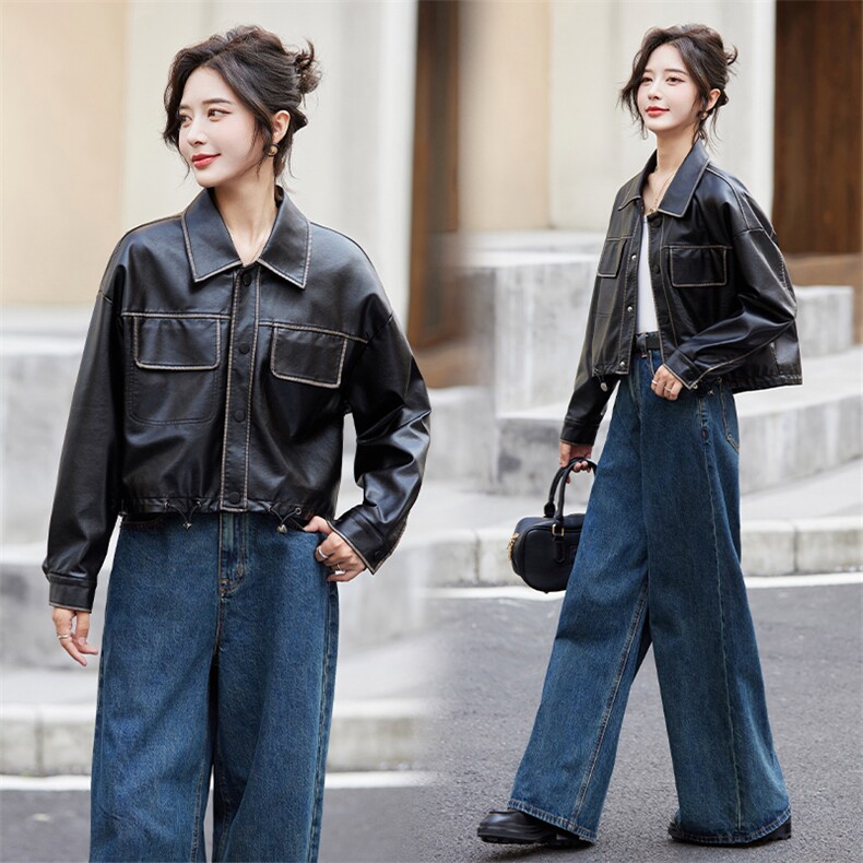 短款皮衣外套女2024秋季新款宽松休闲美式复古美拉德机车夹克上衣,女装皮衣,跑量工厂店
