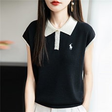 25夏季精纺羊毛针织短袖女POLO领拼色小马刺绣上衣宽松T恤打底衫，女装T恤，菲奥羊绒