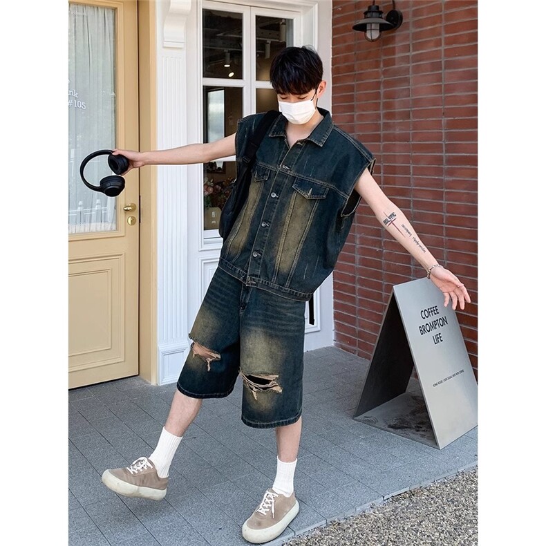 美式复古水洗牛仔马甲破洞短裤套装背心男女夏季街头宽松无袖外套，男装背心/马甲，星座1210-1