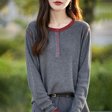 春秋款精纺羊毛衫女半开圆领套头带扣坑条宽松针织打底衫毛衣薄款，女装针织衫/毛衣，暖烁特种纱工厂店