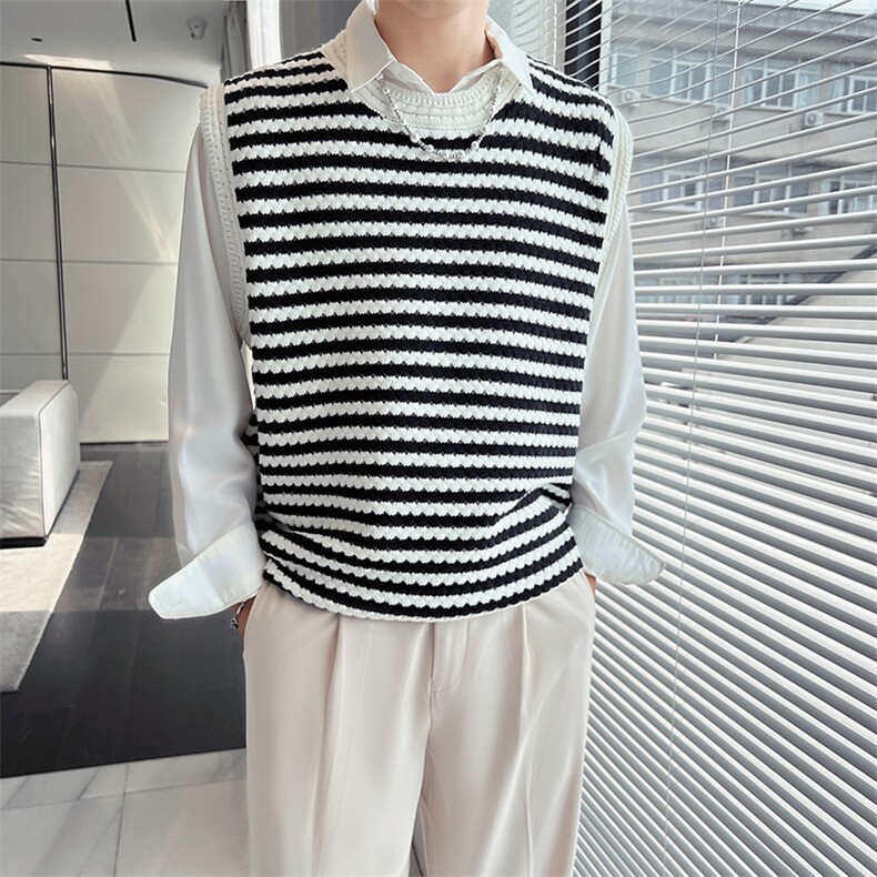 秋冬复古条纹针织背心坎肩宽松无袖外搭叠穿马甲M63/P40特，男装背心/马甲，电商A243