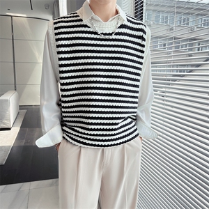 秋冬 复古条纹针织背心坎肩宽松无袖外搭叠穿马甲M63/P40特,男装背心/马甲,电商A243