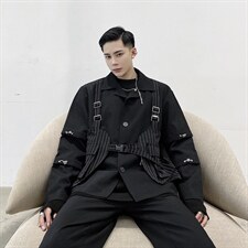 立体裁剪灰色条纹拼接暗黑四合扣马甲式外套夹克A345-166-P145，男装夹克，电商A345