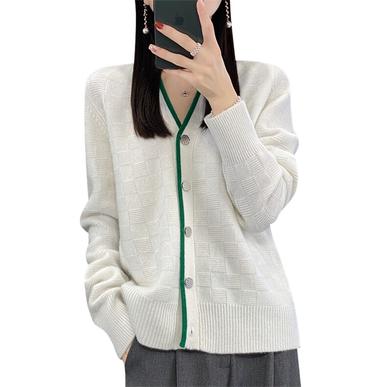 新款V领格子针织开衫女秋冬新款宽松显瘦纯色羊毛外套,女装羊毛衫,佑昭祥羊绒