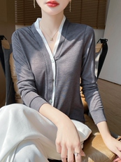 V领假两件开衫长袖气质百搭女，女装针织衫/毛衣，绒宛羊绒