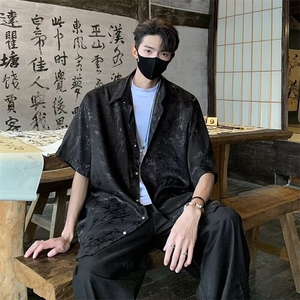风夏男冰丝短袖衬衫丝绸竹子印花新中式衬衣CS016 P50图片