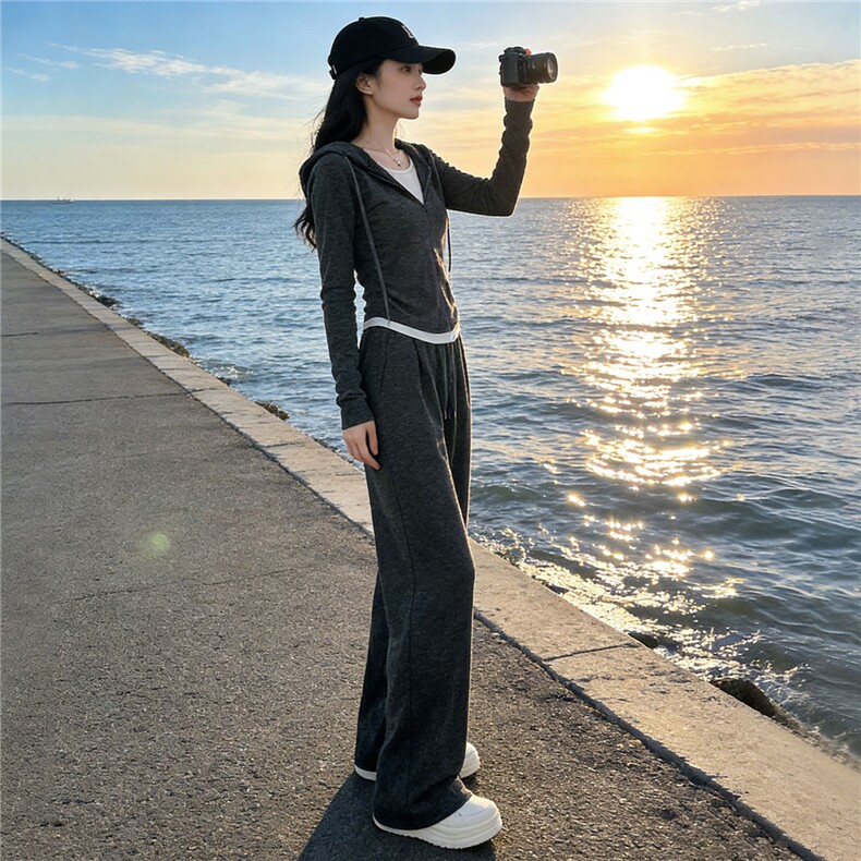 黑灰色休闲运动套装女春秋时尚新款连帽长袖卫衣阔腿长裤两件套潮,女装套装/套裙,江南