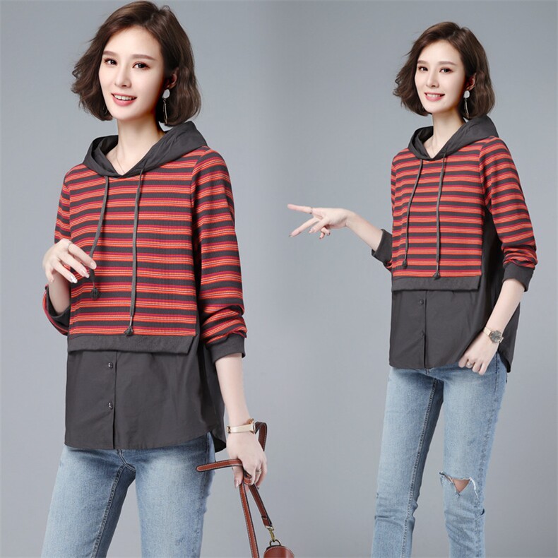 2021春装新款时尚条纹拼接宽松舒适休闲连帽卫衣，女装卫衣/绒衫，深水步
