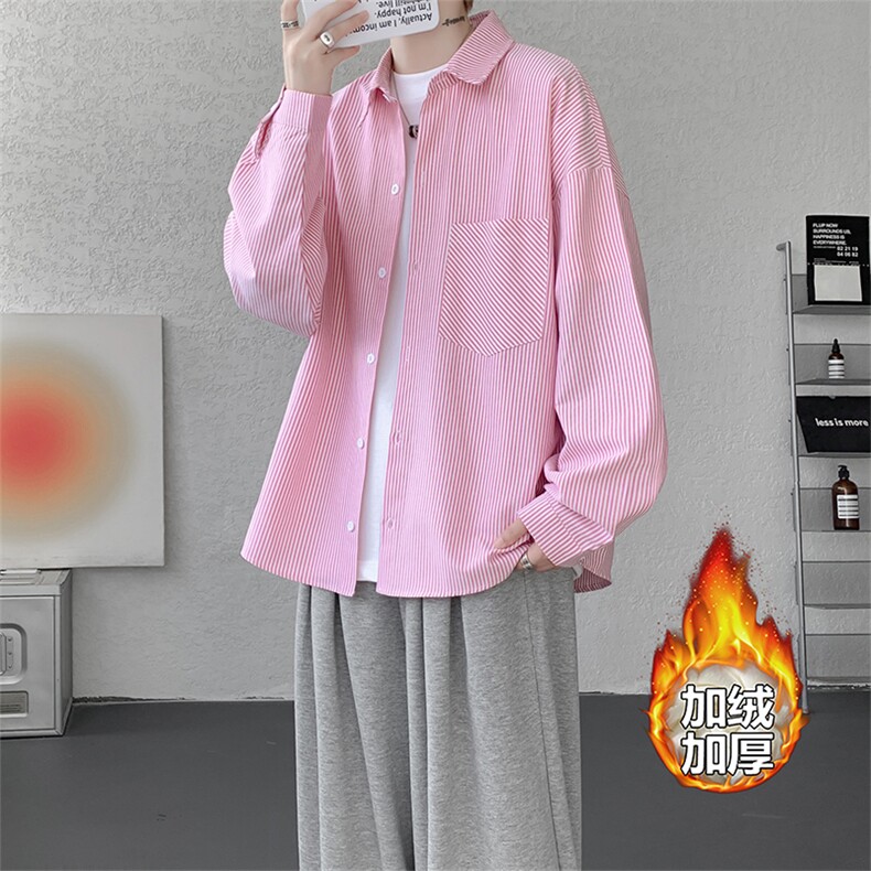 加绒衬衫男冬季新款港风宽松条纹加厚保暖长袖衬衣JR89-P39,男装衬衫,星座214-3