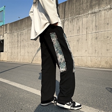 牛仔裤男款美式vibe高街设计感小众毛边贴布休闲长裤N01043-P45，男装休闲裤，星座308B-1