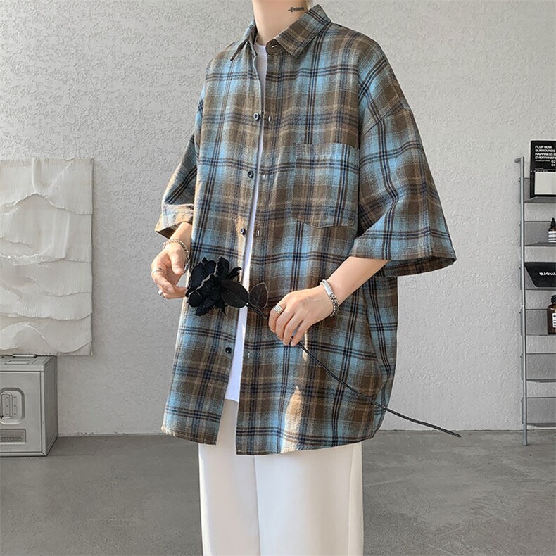 短袖衬衣男夏季新品港风宽松设计青年格子衬衫CS1902-P32，男装衬衫，星座214-3