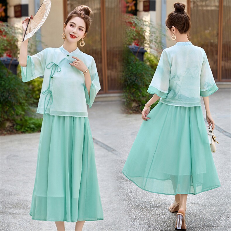 新风中式改良水墨印花汉服套装裙288P135,女装套装/套裙,乐衣轩