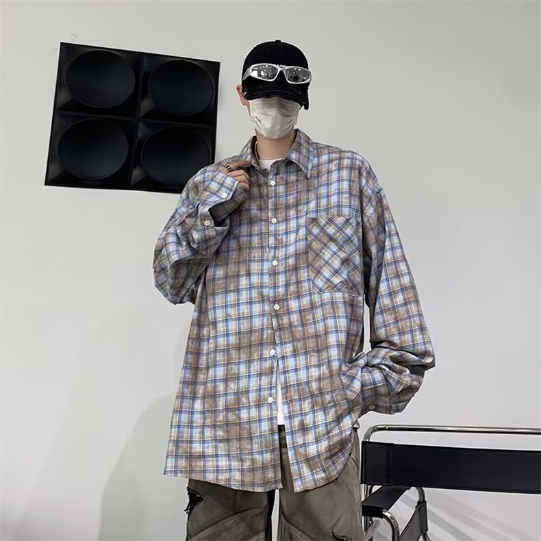 格子衬衫男女同款ins潮牌宽松痞帅长袖格纹衬衣帅气防晒HJ05/P45,男装防晒衣,星座506