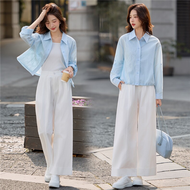 2026年春季小众设计衬衫刺绣花苞下摆减龄时尚休闲套装，女装套装/套裙，深水步