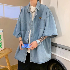 高街潮牌牛仔短袖衬衫男士薄款夏季炸街情侣五分袖衬衣CS1128-p40图片
