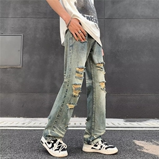 高街vibe风直筒割破洞牛仔长裤hiphop男女休闲裤N0951-P45，男装牛仔裤，星座308B-1