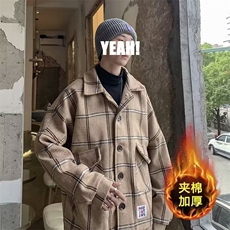高级感格子毛呢外套男潮牌痞帅宽松休闲情侣夹克秋冬款加厚呢大衣，男装夹克，星座506