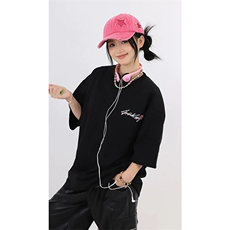 网图有货夏季美式手写花卉刺绣短袖T恤男女情侣宽松上衣A480-P35，男装T恤，星座1505