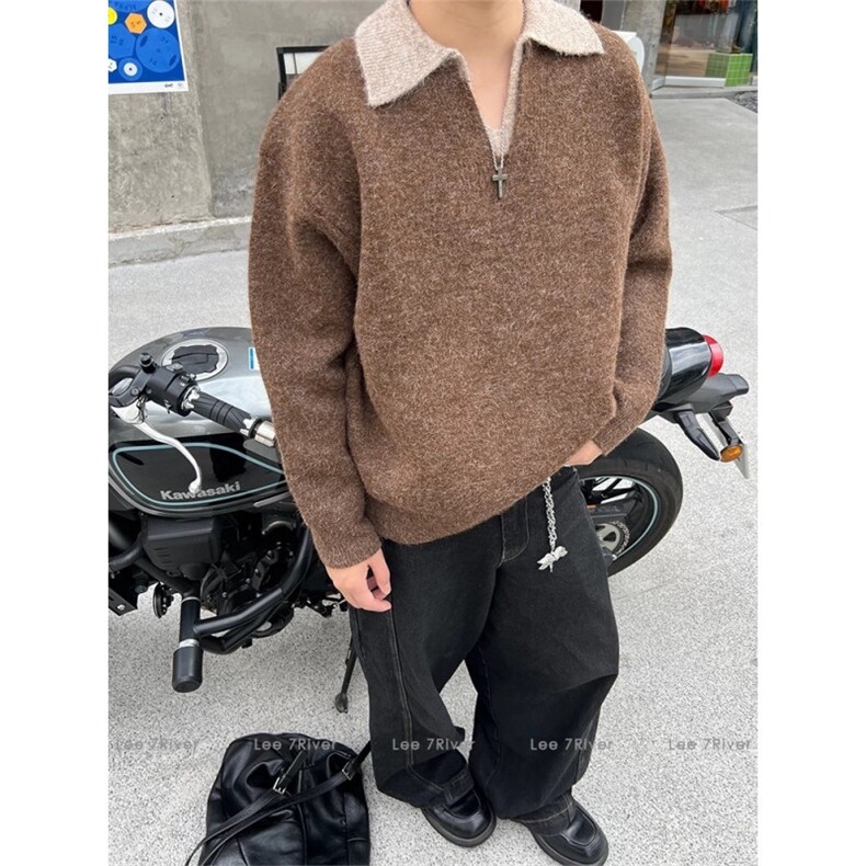 美式假两件秋冬撞色翻领Polo毛衣男复古宽松针织衫，男装针织衫/毛衣，四季星座505