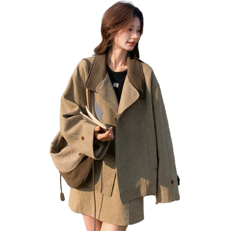 韩版上衣毛呢套装女2025冬季新款显瘦a字短裙两件套,女装套装/套裙,纯色衣恋
