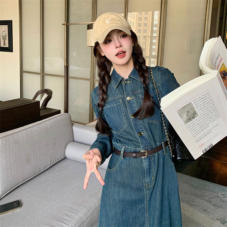 【现货】2025长袖收腰牛仔连衣裙2C037335P145K198（配腰带）,女装连衣裙,2C037