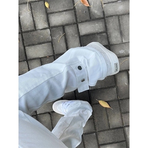 高街白色工装牛仔裤男秋冬款加绒小众设计直筒阔腿裤图片