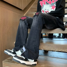 直筒牛仔裤ins潮牌美式高街黑色微喇叭长裤暗黑男N0952-P45，男装牛仔裤，星座308B-2