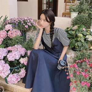 韩版假两件条纹T恤拼接吊带连衣裙女夏2025新款宽松休闲茶歇长裙图片