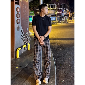经典格子裤男秋夏薄款褶皱设计感撞色裤宽松显瘦长裤MK773 P38图片