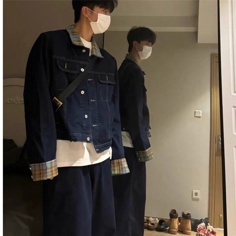 【有货】DT7010-P118美式潮牌格纹拼接男春秋夹克牛仔裤两件套装,男装休闲套装,星座603-2
