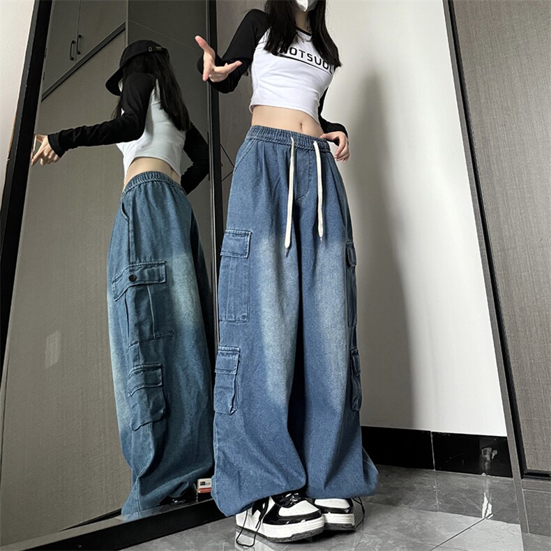 复古宽松工装牛仔裤女新款潮牌阔腿休闲坠感老爹裤男50900-P48，女装牛仔裤，星座1008