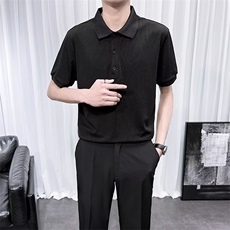 冰丝条纹短袖Polo衫男2024新款夏上衣潮流高级感纯色翻领t恤D88，男装Polo衫，星座1116A-2（原606A-1）
