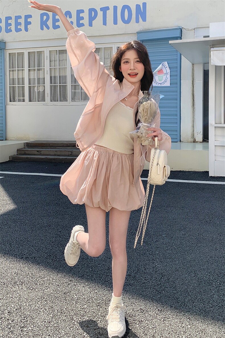 粉色立领防晒外套A字短裙套装女2025年夏季设计感清爽简约两件套,女装套装/套裙,2C085