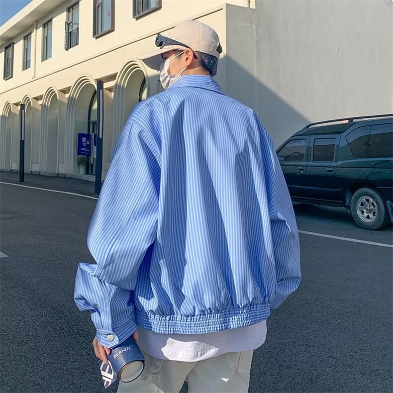 条纹衬衫男秋季日系复古帅气百搭ins潮休闲夹克外套情侣JC181-p60,男装衬衫,星座1008